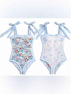 💙🌺 Reversible One-Piece Swimsuit Small Blue Floral & Colorful Tie Straps 🌺💙
